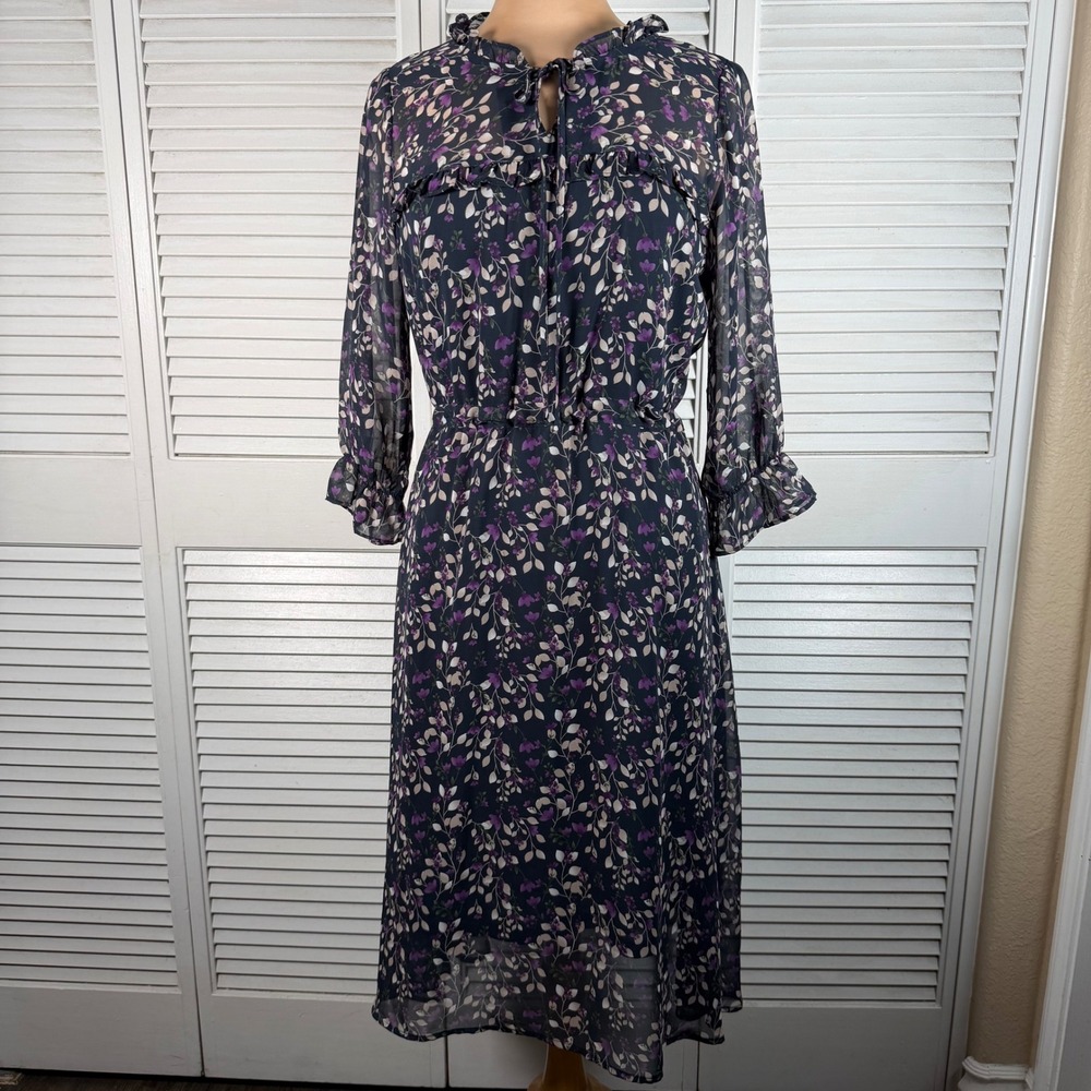Purple‎ Floral Chiffon Midi Dress Ruffle Neck Long Sleeve Navy